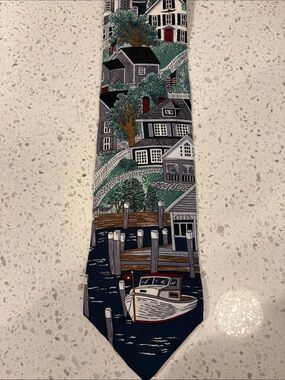 Van Heusen Tie in Navy, Green & Brown Nautical Village Print